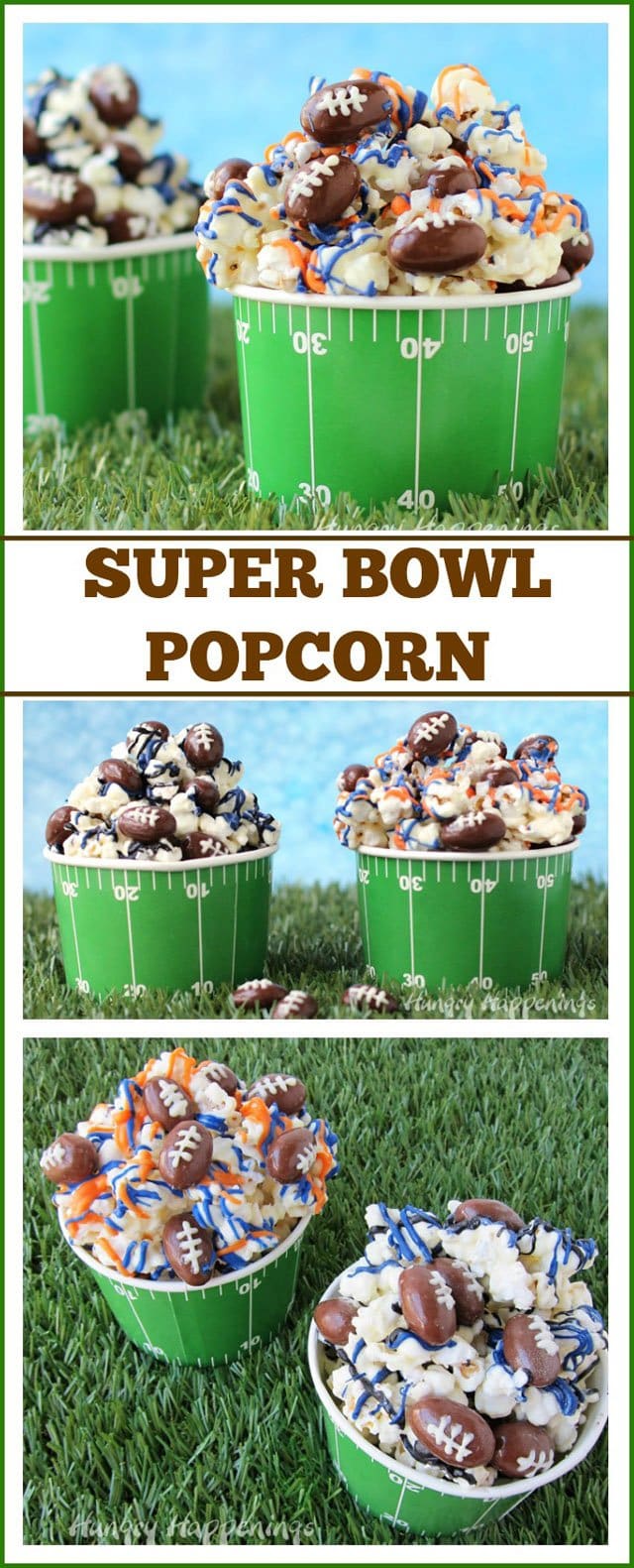 Add your favorite team's colors to white chocolate popcorn and toss in some chocolate almond footballs festive Super Bowl snack. See how at HungryHappenings.com.