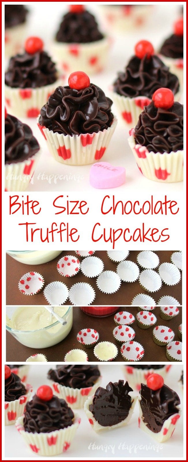 Bite Size Chocolate Truffle Cupcakes - Make cute little white chocolate cups decorated with red polka dots then fill them with chocolate ganache. 