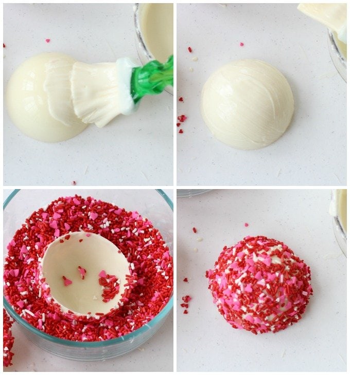 Learn how to make edible Sprinkle-Coated White Chocolate Bowls for Valentine's Day or any day. See the step-by-step tutorial at HungryHappenings.com.