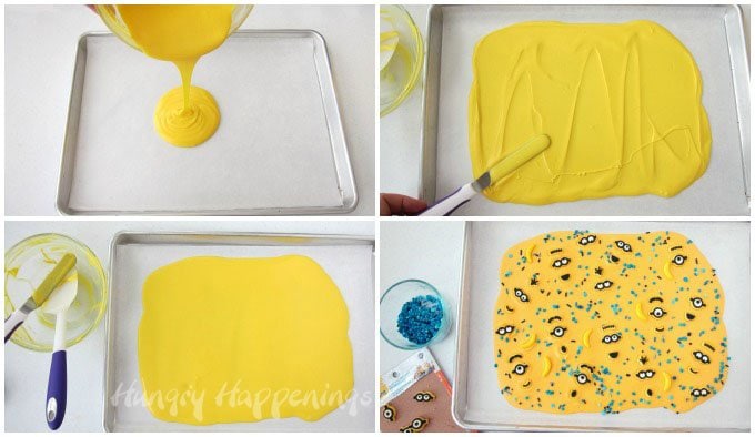 How to make bright yellow chocolate Minion Bark using Yellow Candy Melts and Minion Royal Icing Decorations. 
