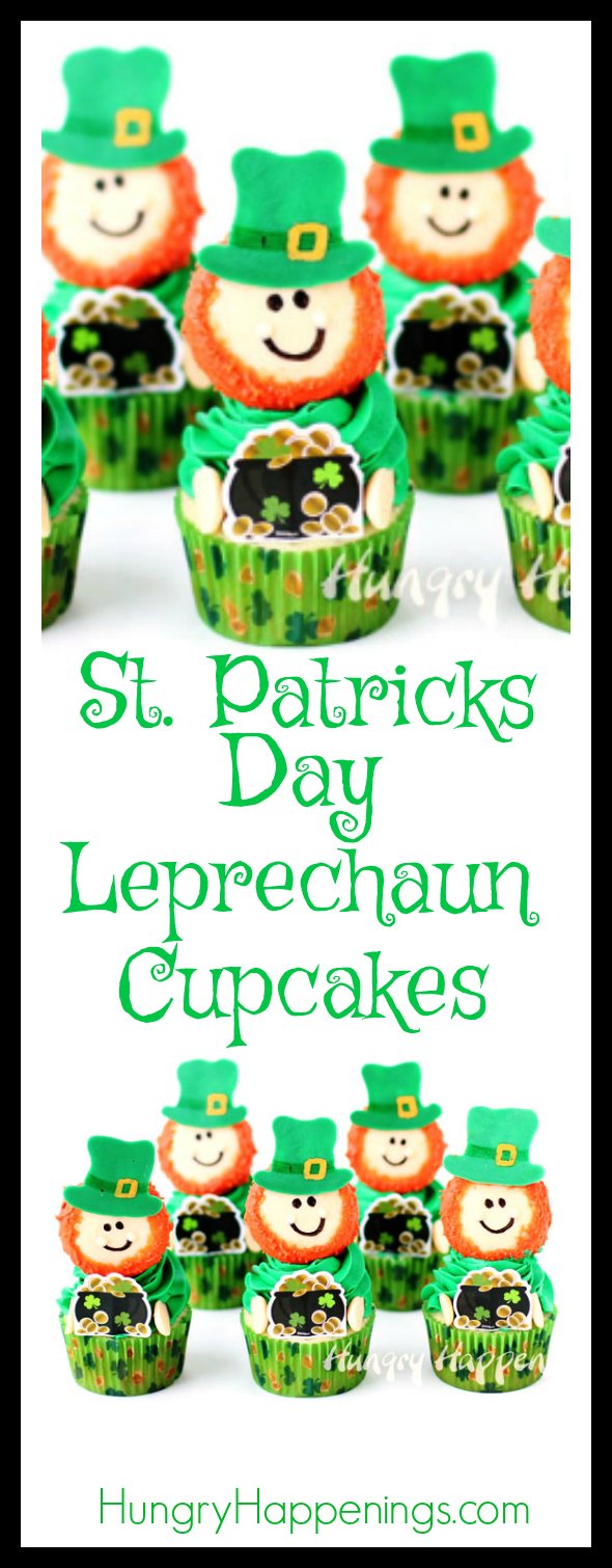 This St. Patrick's Day decorate Oreo Cookies and use them to create adorably cute Leprechaun Cupcakes. Each little leprechaun sits atop a big swirl of green frosting and happily holds a pot of gold. This post is sponsored by Wilton.