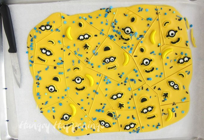 It's fun an easy to make bright yellow Minion Bark using yellow candy melts. 