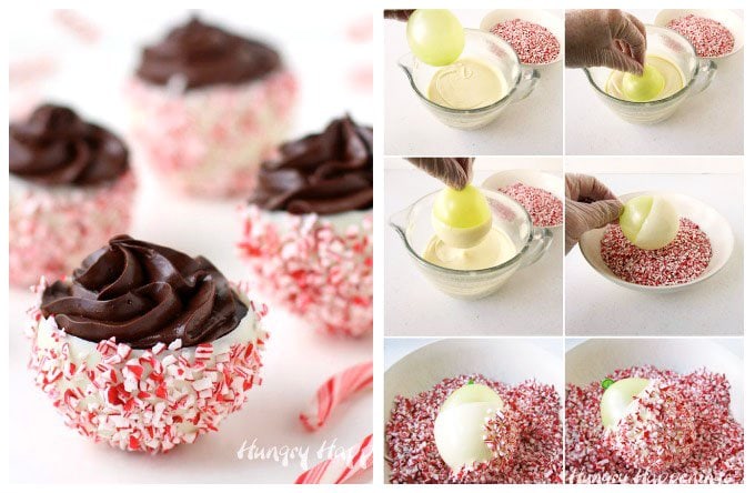 Coat white chocolate cups in bits of peppermint candy canes or sprinkles then fill them with chocolate mousse, ice cream, or pudding. See how at HungryHappenings.com.