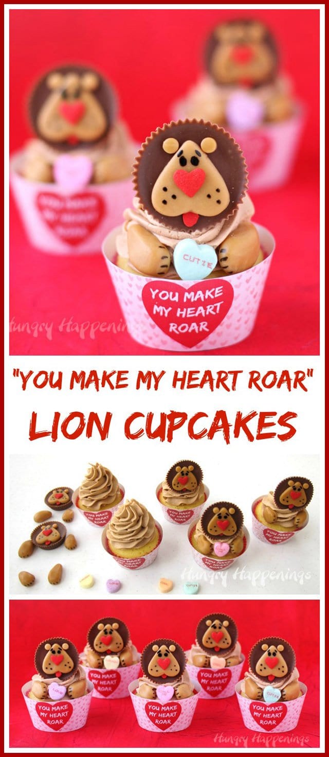 "You Make My Heart Roar" Lion Cupcakes make great Valentine's Day treats for those you are wild about. See the tutorial at HungryHappenings.com.