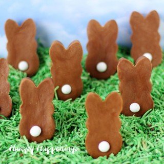 2 Ingredient Chocolate Caramel Fudge Easter Bunnies with white candy tails are quick and easy to make to fill your Easter baskets.