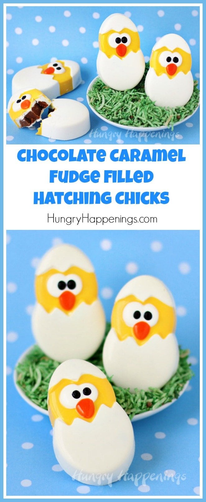 Add some super cute Chocolate Caramel Fudge filled Hatching Chicks to your Easter baskets this year. Your kids will love these homemade white chocolate Easter chicks, each filled with creamy caramel flavored milk chocolate fudge.