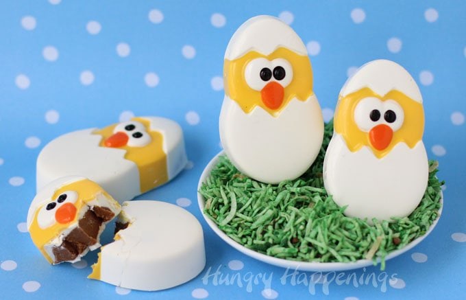 Add some super cute Chocolate Caramel Fudge filled Hatching Chicks to your Easter baskets this year. Your kids will love these homemade white chocolate Easter chicks, each filled with creamy caramel flavored milk chocolate fudge.