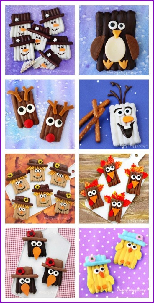 Turn chocolate pretzels into fun holiday treats. Make snowmen, penguins, reindeer, scarecrows, turkeys, crows, and chicks. See the tutorials at HungryHappenings.com.