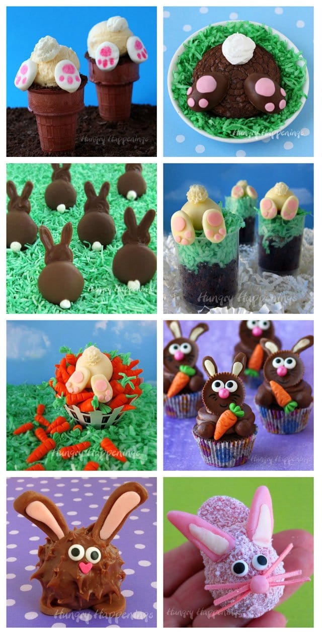 Make adorably cute Easter bunny treats to make your holiday more fun. See the recipes and tutorials to make all these cupcakes, cookies, brownies and more at HungryHappenings.com.