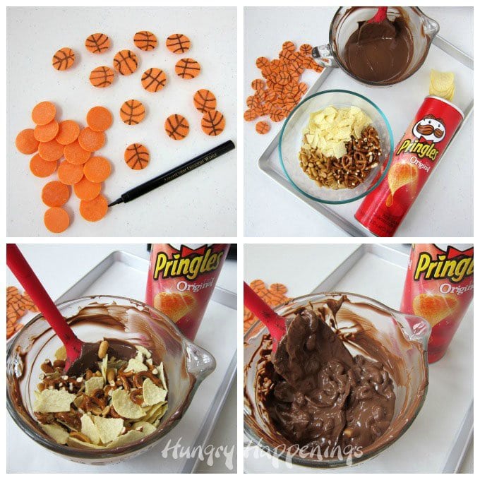 How to make chocolate bark filled with peanuts, pretzels, and Pringles potato chips topped with Orange basketball candy melts. See the tutorial at HungryHappenings.com.