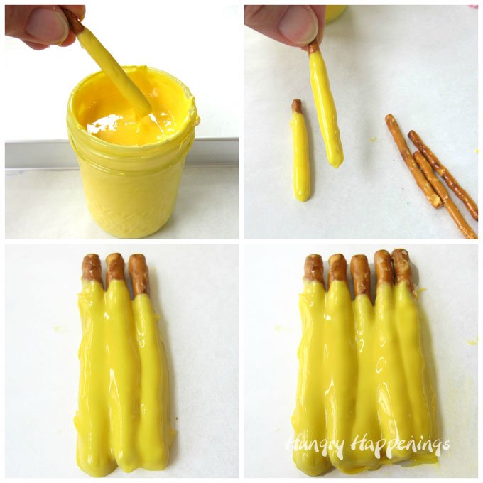 How to make chocolate dipped pretzels to create Easter Chicks.