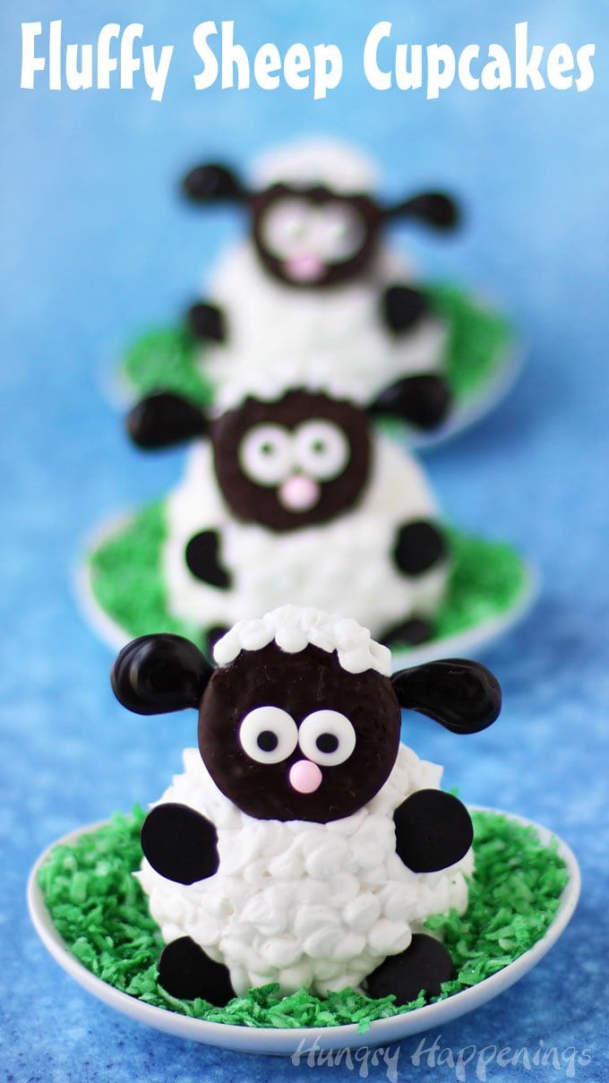 Could these Fluffy Sheep Cupcakes be any cuter with their roly poly cupcake bodies covered in fluffy white frosting fur and a Peppermint Patty head?