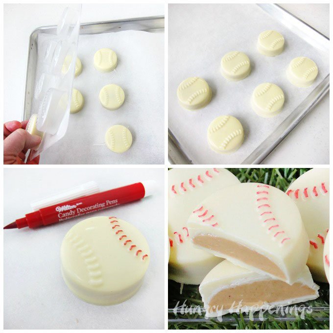 Decorate peanut butter fudge filled white chocolate baseballs using a red food coloring marker. 