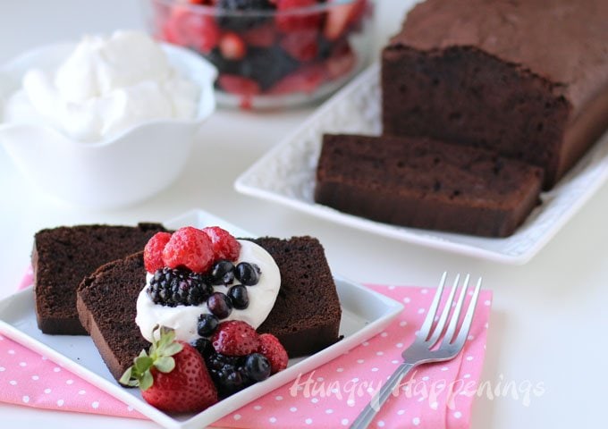 Chocolate Hazelnut Pound Cake topped with fresh vanilla whipped cream and berries makes a wonderful treat for a grown up pajama party.