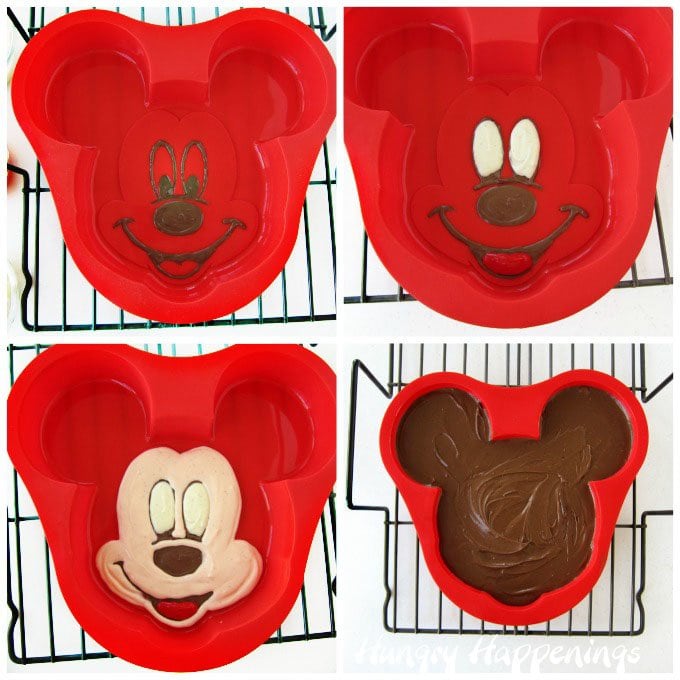 You can paint a silicone cake pan with colored cheesecake filling to create a Mickey Mouse Cheesecake. See how at HungryHappenings.com.