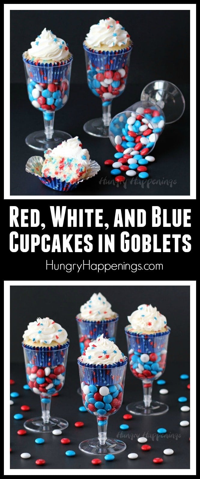 4th of July cupcakes in red, white, and blue M&M filled wine goblets