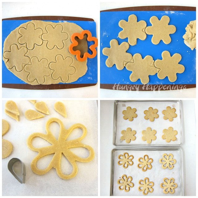 cut out daisy cookies, dough on blue silicone mat, cut teardrop shapes out of daisy, baked daisy cookies on baking sheets.