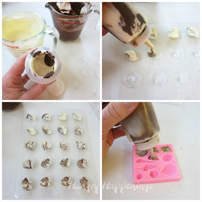 making chocolate shells by pipping swirled dark chocolate and white chocolate into plastic candy molds and a fondant sea shell mold. 