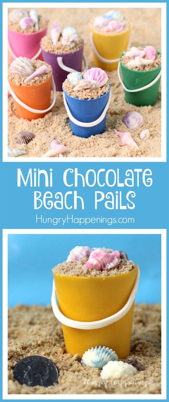 Turn little handmade chocolate cups into these adorable Mini Chocolate Beach Pails filled with Dulce de Leche Mousse and topped with toffee bits "sand" and chocolate shells. They will make great treats for your beach themed party. 
