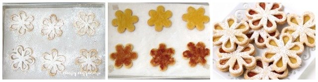 dusting powdered sugar over the cut-out daisy cookies, cookies topped with lemon curd and jelly, and assembled Linzer cookie daisies.