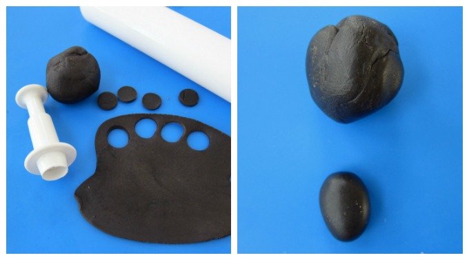 use a small round plunger cutter to cut black modeling chocolate eyes then shape the sea otters nose in a shape similar to a large jelly bean