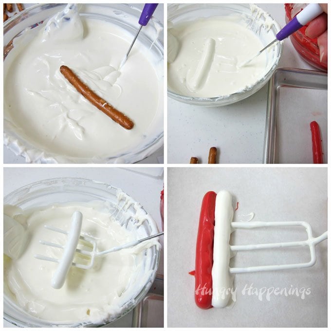 Dip pretzels in white candy melts to make the stripes in American Flag pretzels. 