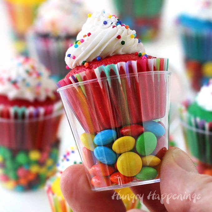 Mini Cupcakes in Candy Filled Shot Glasses are the perfect sized treats to serve at a kid's birthday party.