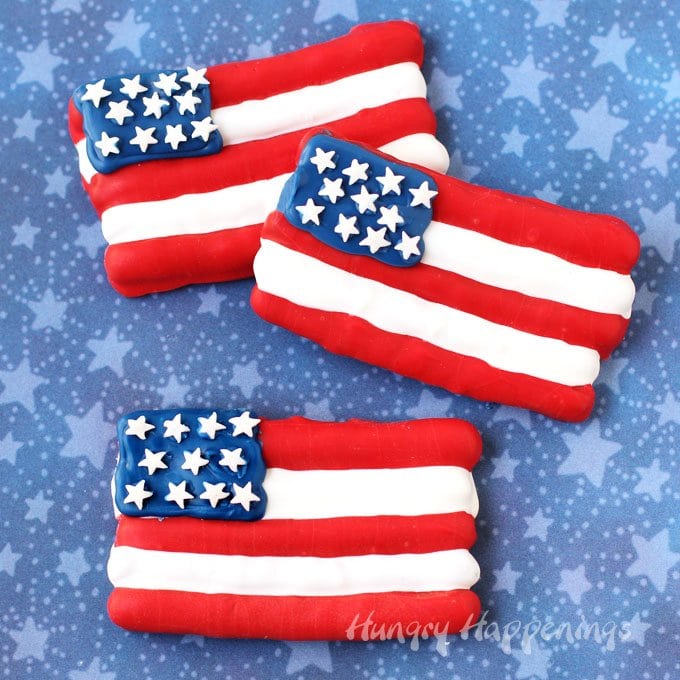 Celebrate 4th of July, Memorial Day, or Flag Day by serving these festive Red, White and Blue American Flag Pretzels.