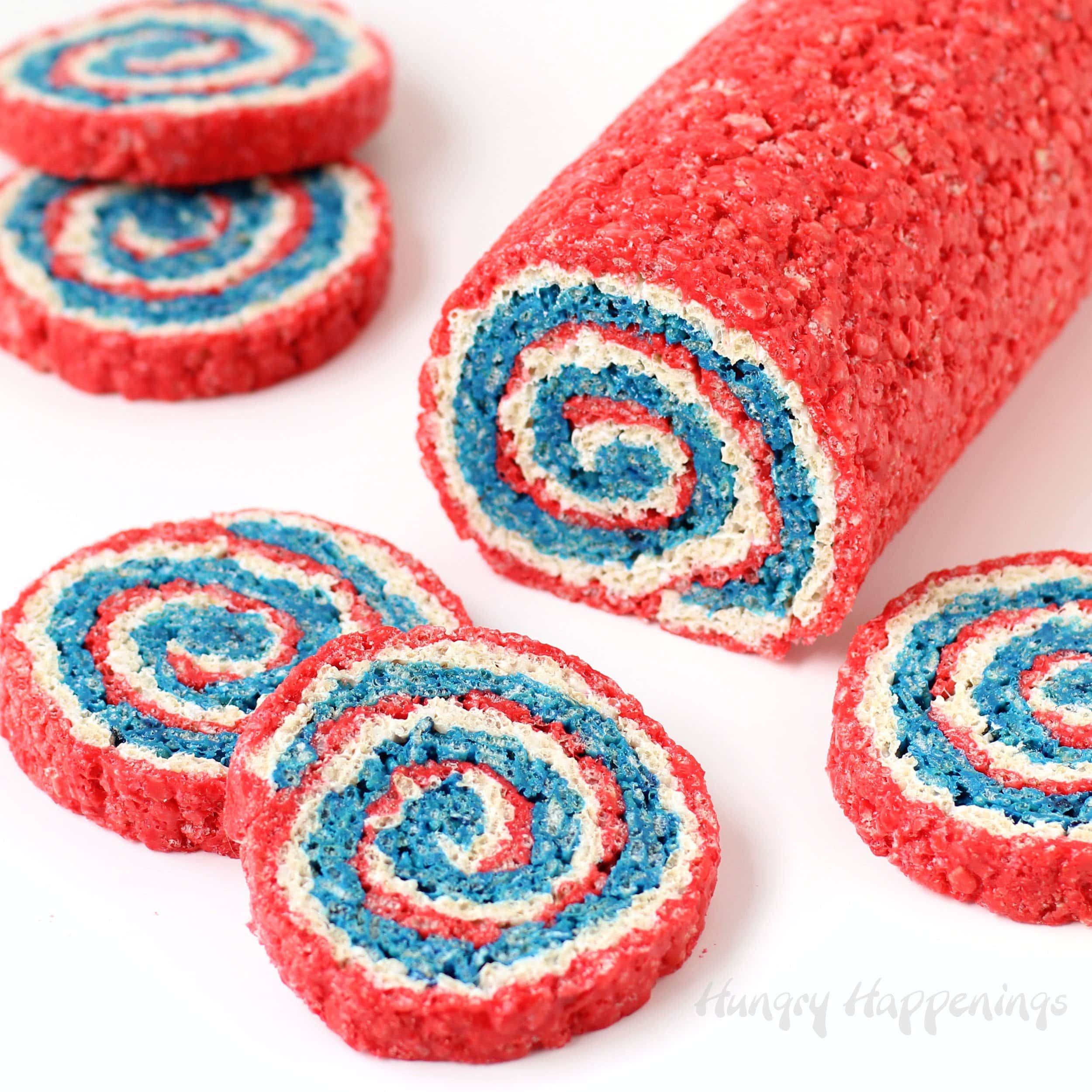 Celebrate the 4th of July, Memorial Day, Veterans Day, or Labor Day with these festive Red, White and Blue Rice Krispie Treat Pinwheels.
