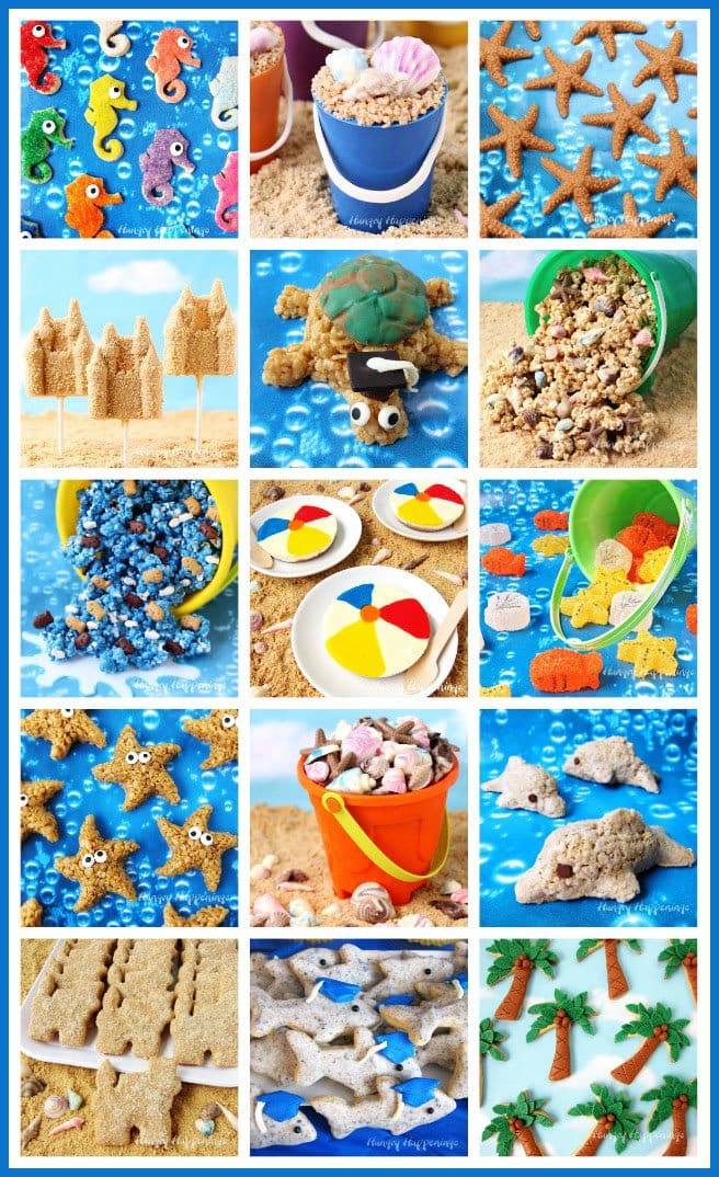 beach-themed party recipes including seahorse cookies, sand castle lollipops, beach ball cheesecakes, sea life gumdrops, dolphin rice krispie treats, and more. 