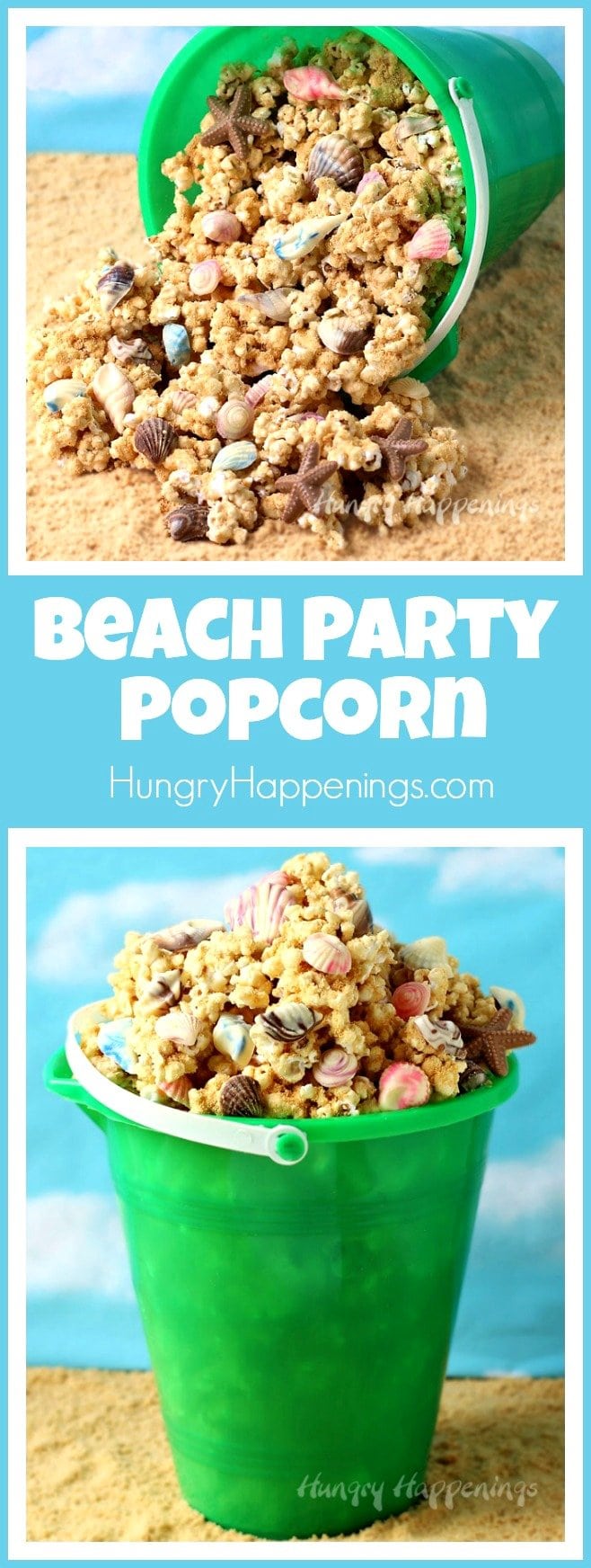 Fill up your beach pail with crunchy peanut butter popcorn that's coated in sandy looking cookie crumbs and speckled with homemade chocolate sea shells. This Beach Party Popcorn will make a festive treat for your pool party or beach themed events.