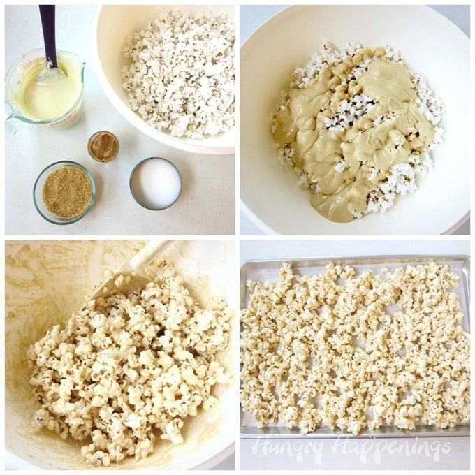 How to make Peanut Butter Popcorn coated in white chocolate blended with peanut butter. 