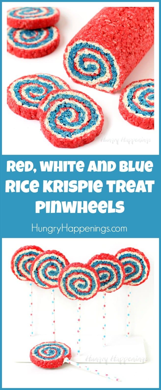 Red, White, and Blue Rice Krispie Treat Pinwheels cut into slices with some on lollipop sticks.
