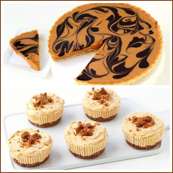Enjoy these two quick and easy Fall Pumpkin Desserts: Chocolate Pumpkin Swirl Tart and No-Bake Mini Pumpkin Cheesecakes.