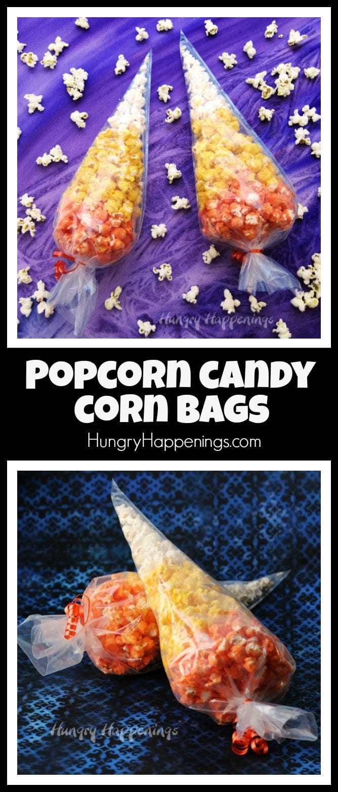 Dress up your popcorn to look like an iconic Halloween candy. Toss some popcorn in orange, yellow, and white Candy Melts and nestle the pieces in clear plastic cone shaped bags to create these festive Popcorn Candy Corn Bags. 