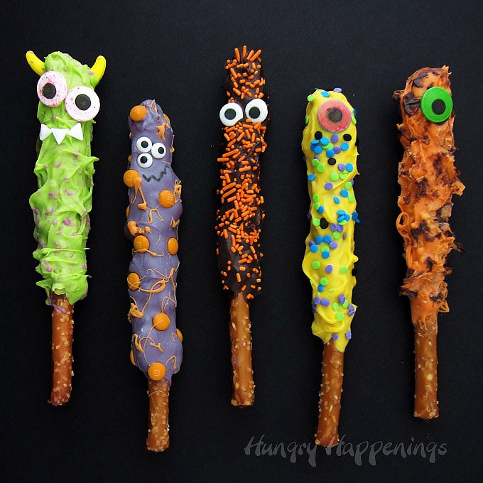 cute and quirky Chocolate Caramel Pretzel Monsters.