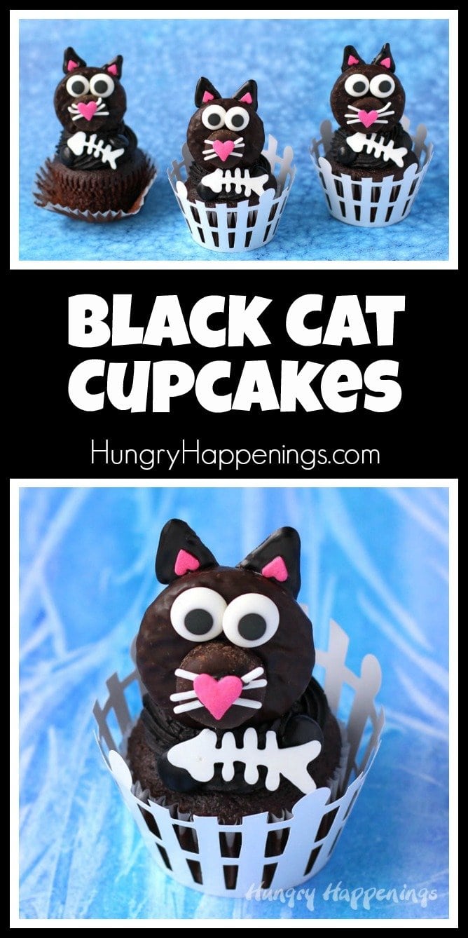 Use Peppermint Patties to make these cute Black Cat Cupcakes for Halloween or to give to your favorite cat lover. 