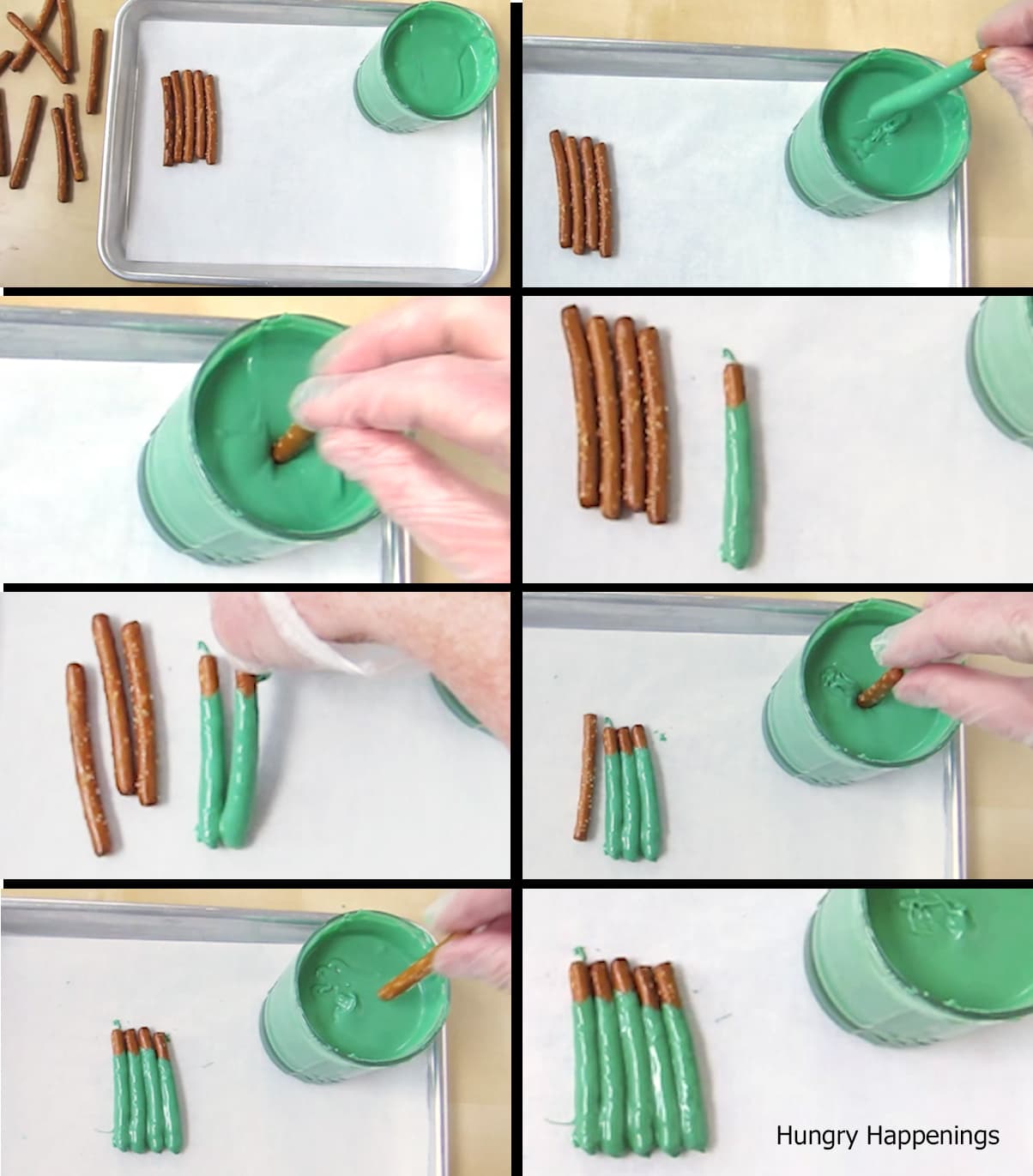 making Frankenstein pretzels by dipping pretzels into melted green candy melts. 