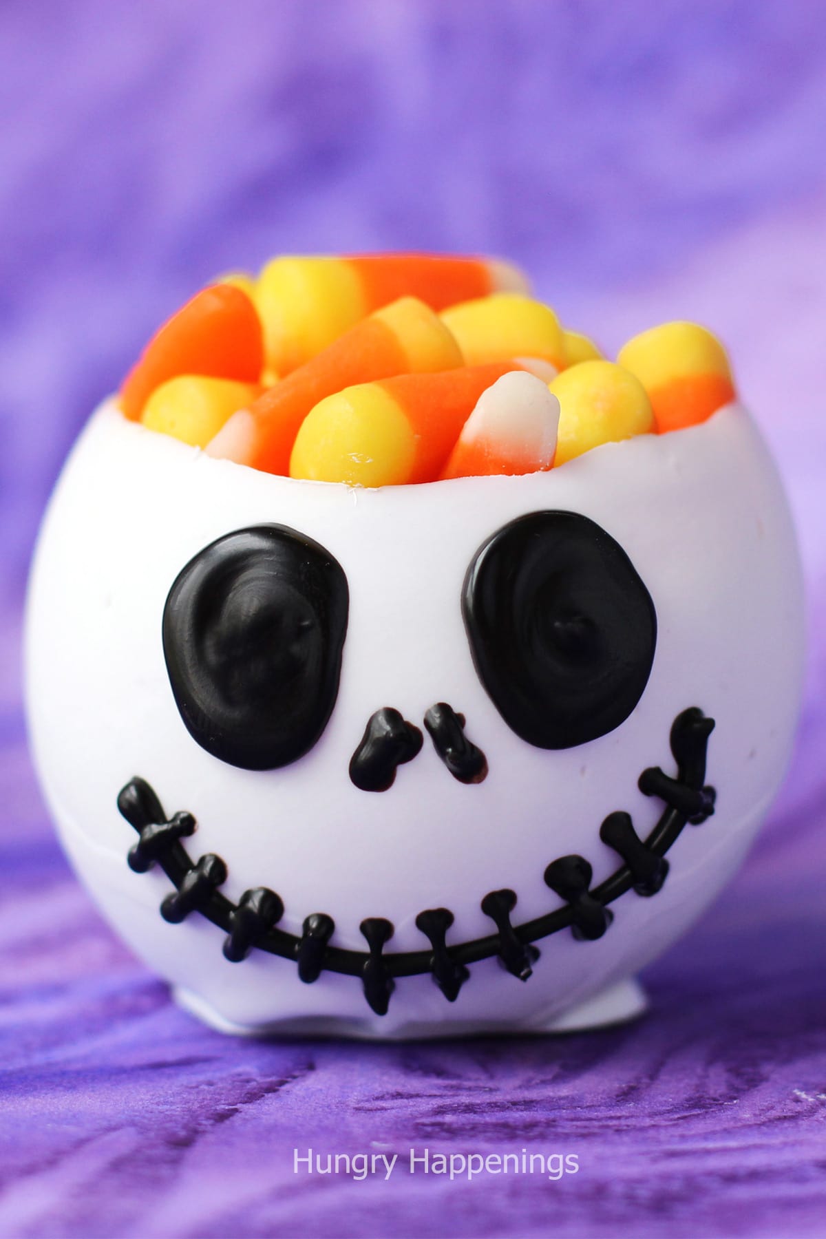 Jack Skellington Candy Bowl filled with candy corn.