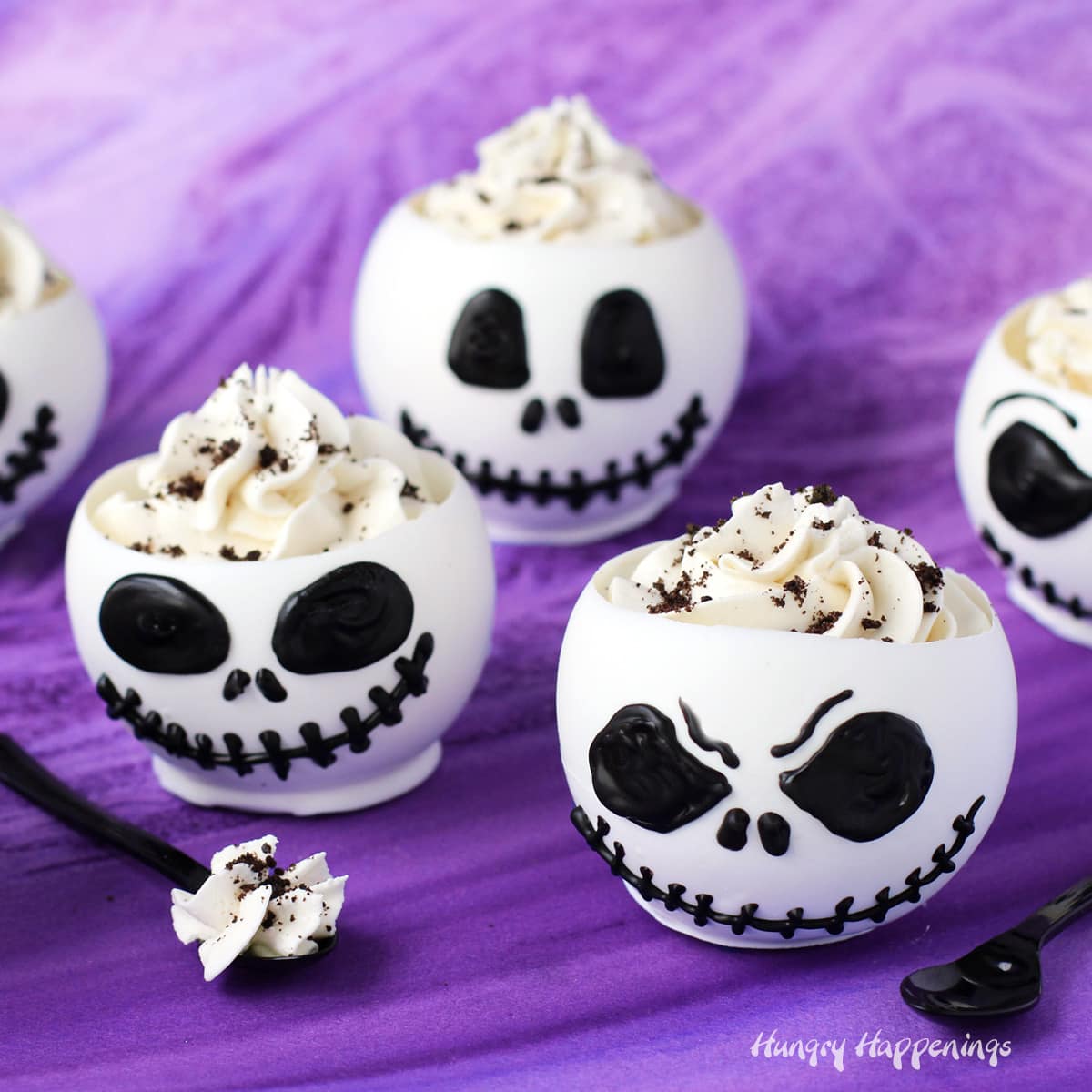 Jack Skellington Chocolate Bowls filled with Cookies and Cream Mousse.