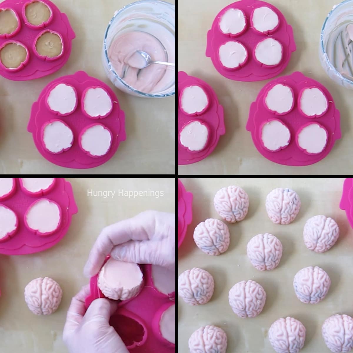 unmolding candy brains from silicone brain molds. 