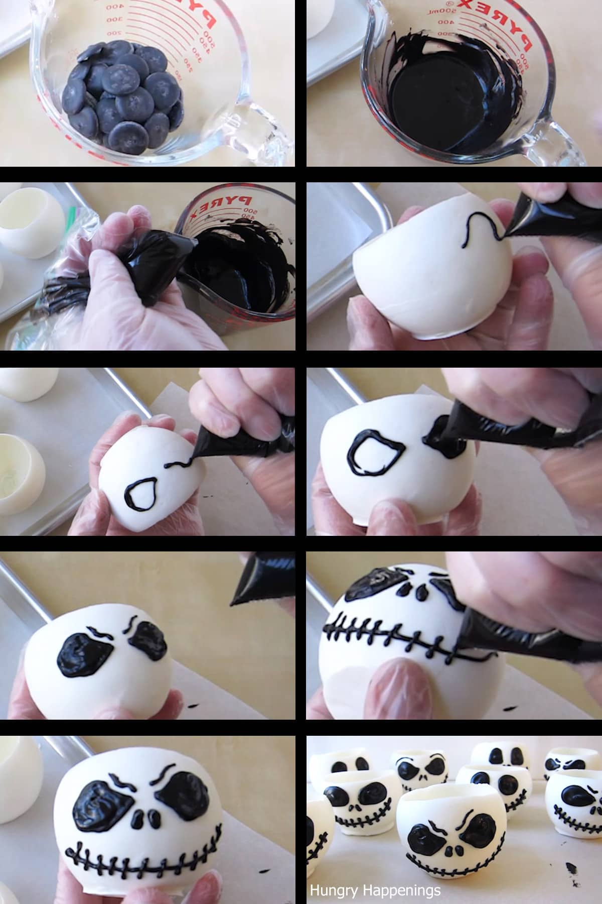 Piping Jack Skellington's face onto white chocolate bowls using black candy melts. 