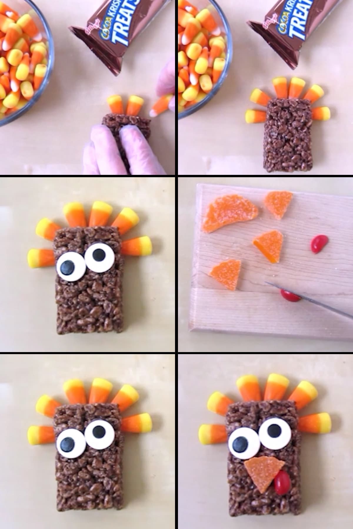 making Cocoa Krispie Treats Turkeys using candy corn, orange slices, red jelly beans, and candy eyes. 