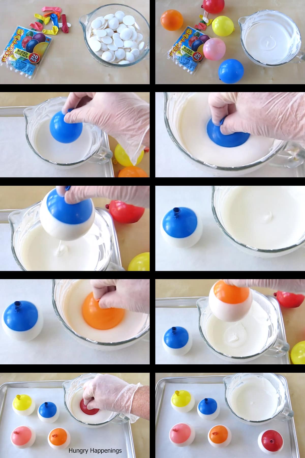 Making chocolate bowls by dipping small round balloons into melted white chocolate. 