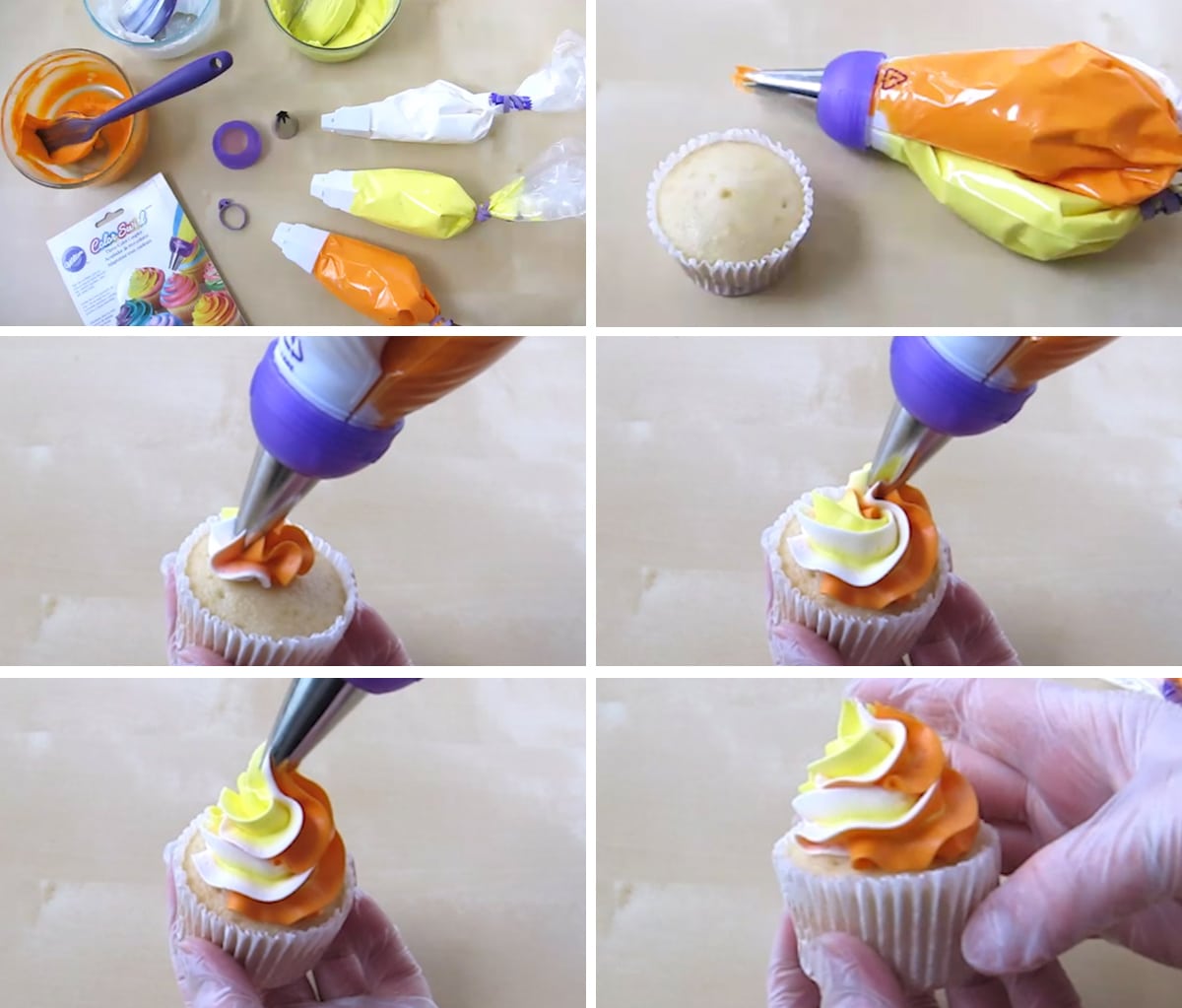 piping a swirl of yellow, orange, and white frosting onto a cupcake. 