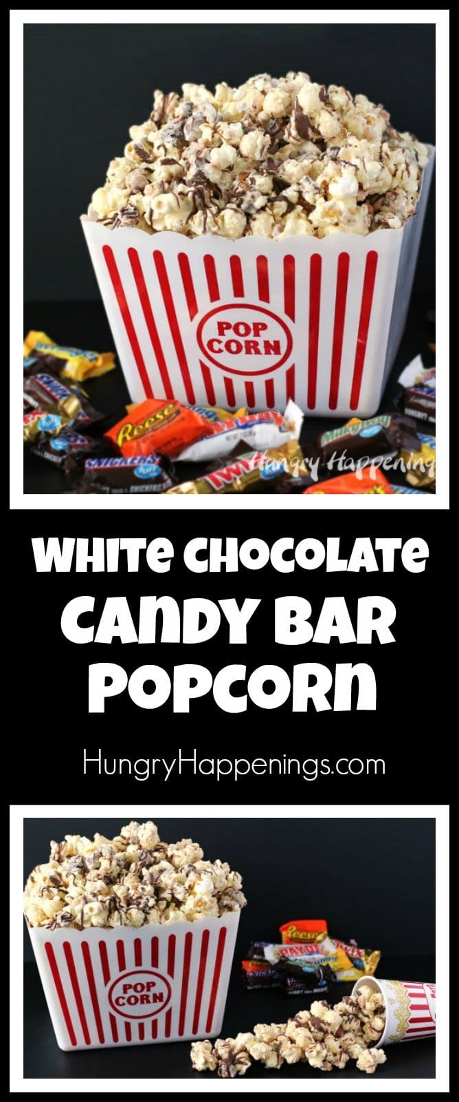 Use all that left over Halloween candy to make some amazing White Chocolate Candy Bar Popcorn. You can package it up and give it as Christmas gifts or enjoy it as a movie night snack. 