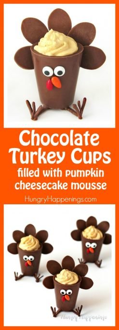 Surprise your party guests this Thanksgiving by serving these sweet little Chocolate Turkey Cups filled with Pumpkin Cheesecake Mousse. Watch the video tutorial to see how to make and decorate these holiday treats. 