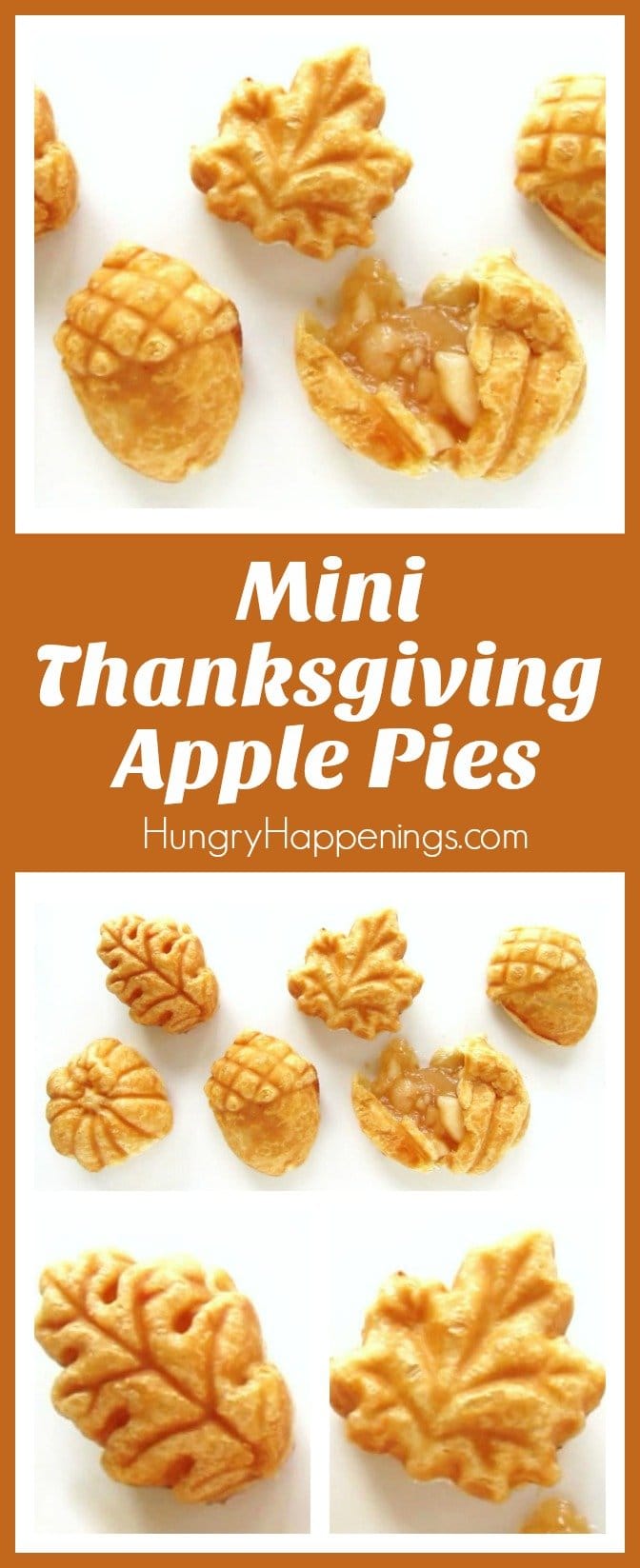 Dress up you holiday table by making these beautiful acorn, pumpkin, and leaf shaped Mini Thanksgiving Apple Pies. See how easy they are to make at HungryHappenings.com.