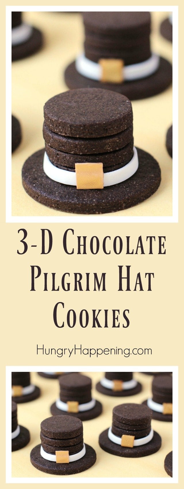 You wont believe how easy it is to create these 3-D Chocolate Pilgrim Hat Cookies for your Thanksgiving dinner. These holiday treats will definitely wow your party guests. 