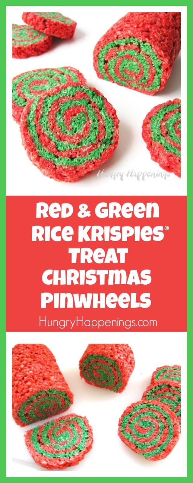 Celebrate the holiday season with some festive Red and Green Rice Krispies Treat Christmas Pinwheels. Layers of colorful marshmallow cereal treats are rolled up and cut to reveal pretty swirls of holiday color.